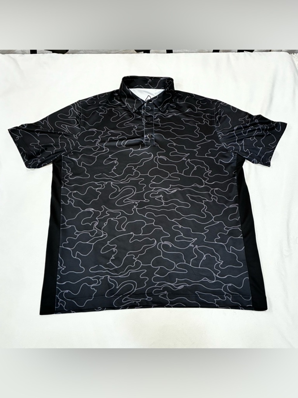 Deolax Mens XL Performance Golf Polo Shirt Black Grey Topo Abstract Camo Stretch